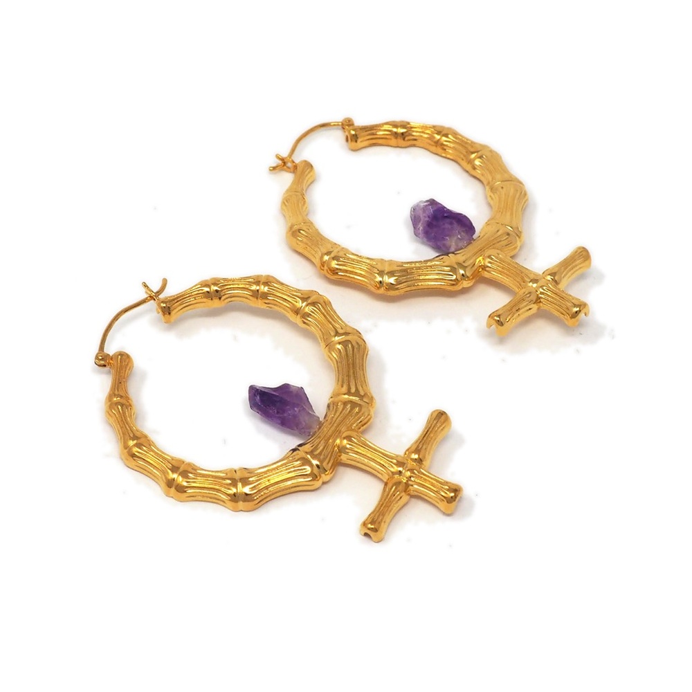 Venus Bamboo Gold & Amethyst stone Earrings